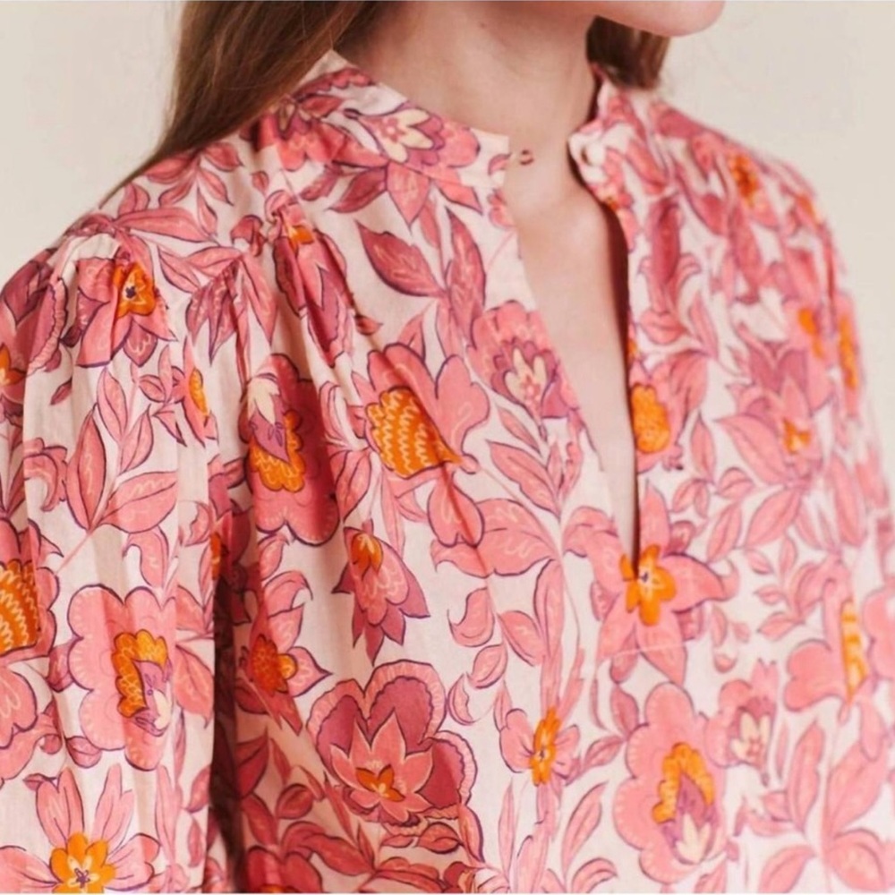 Trovata Birds of Paradis Autumn Paisley Floral Short Sleeve Cotton Blouse Top XS